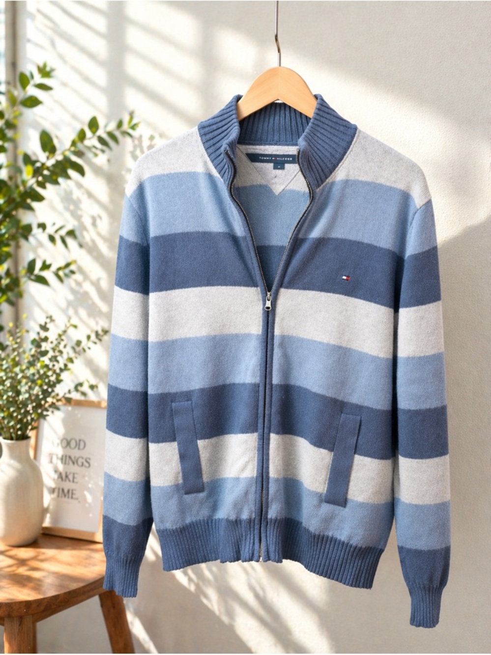 Tommy Hilfiger Men’s Blue and Light Gray Striped Zip-Up Sweater